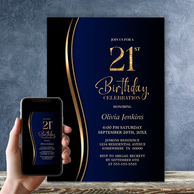 Black Gold Blue 21st Birthday Party Invitation (Creator Uploaded)