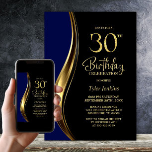 Black Gold Blue 30th Birthday Party Invitation
