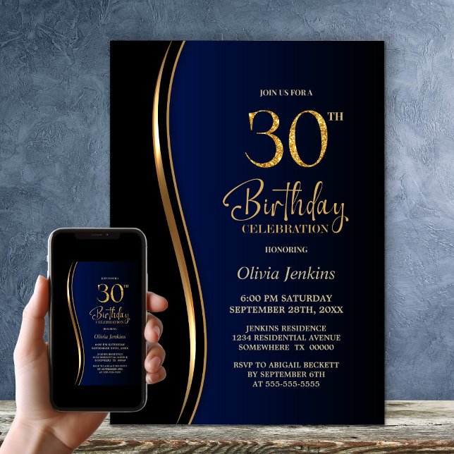 Black Gold Blue 30th Birthday Party Invitation (Creator Uploaded)