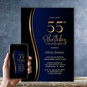 Black Gold Blue 55th Birthday Party Invitation