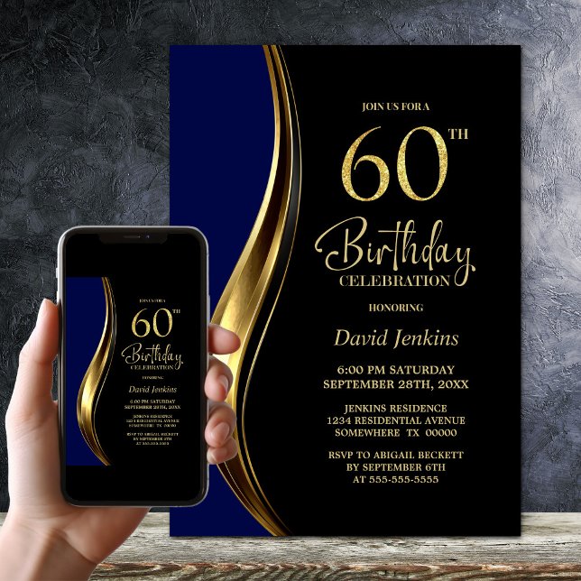 Black Gold Blue 60th Birthday Party Invitation (Creator Uploaded)