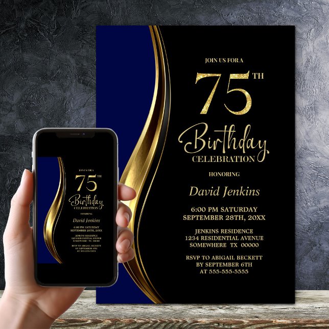 Black Gold Blue 75th Birthday Party Invitation (Creator Uploaded)