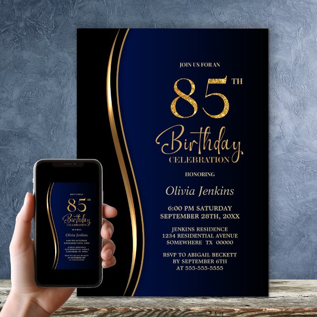 Black Gold Blue 85th Birthday Party Invitation (Creator Uploaded)