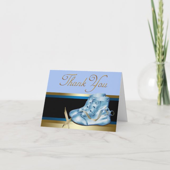 Black Gold Blue Baby Booties Thank You Cards (Front)