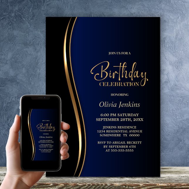 Black Gold Blue Birthday Party Invitation (Creator Uploaded)