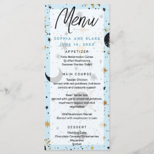 Black Gold Blue Celestial Sun Moon Stars Wedding Menu