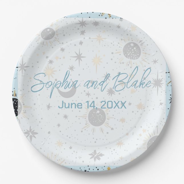 Black Gold Blue Celestial Wedding Paper Plate (Front)