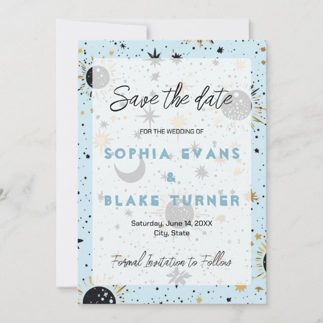 Black, Gold, Blue Celestial Wedding Save the Date  Invitation (Front)