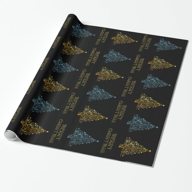 Black Gold Blue Elegant Chic Christmas Tree Stars Wrapping Paper (Unrolled)