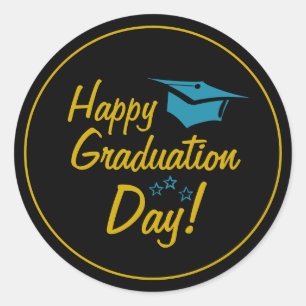Black Gold Blue Happy Graduation Day Script Classic Round Sticker