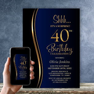 Black Gold Blue Surprise 40th Birthday Invitation