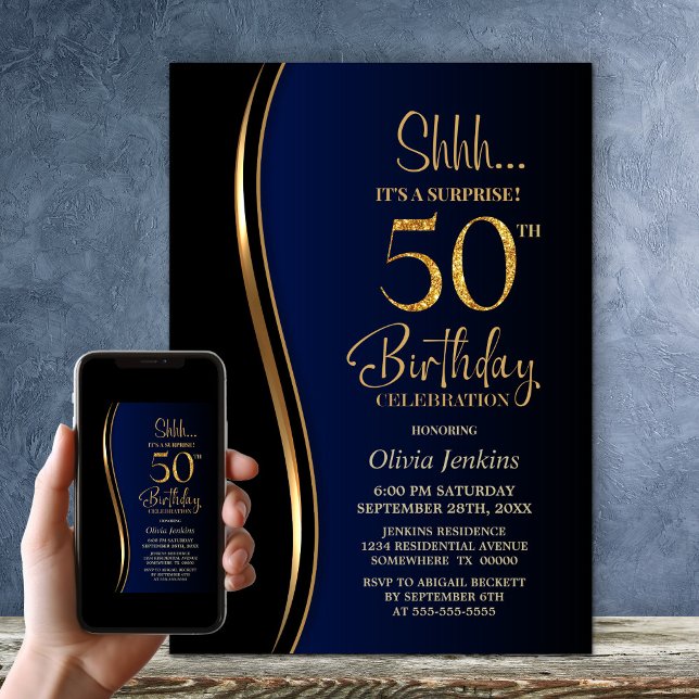 Black Gold Blue Surprise 50th Birthday Invitation (Creator Uploaded)