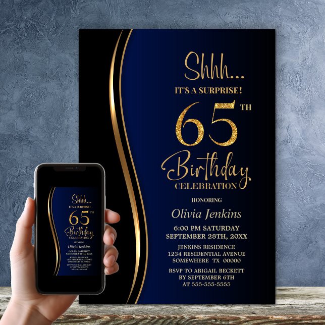 Black Gold Blue Surprise 65th Birthday Invitation (Creator Uploaded)