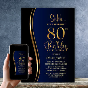 Black Gold Blue Surprise 80th Birthday Invitation