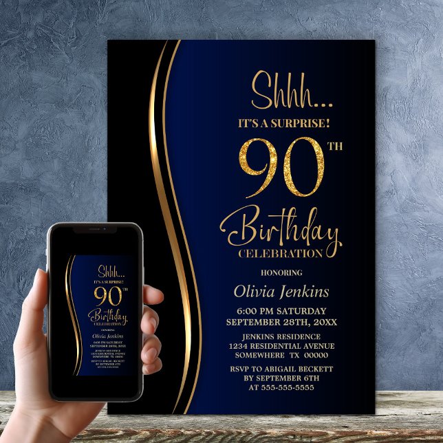 Black Gold Blue Surprise 90th Birthday Invitation (Creator Uploaded)