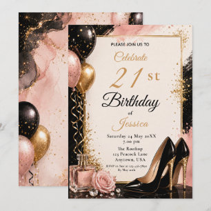 Black Gold Blush 21st Birthday Heels Party Invitation