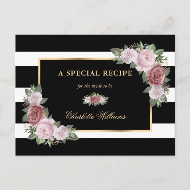 Black Gold Blush Floral Bridal Shower Recipe Card (Front)
