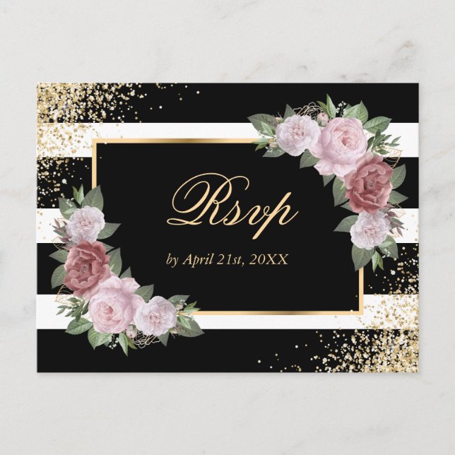 Black Gold Blush Floral Wedding RSVP Postcard (Front)
