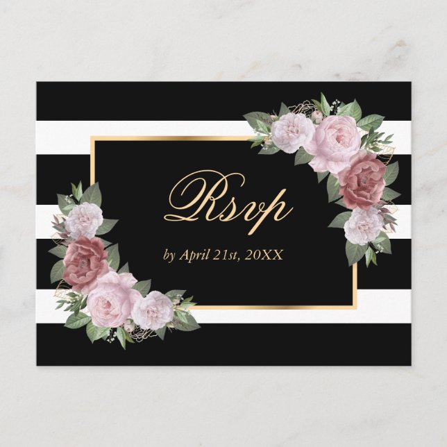 Black Gold Blush Floral Wedding RSVP Postcard (Front)