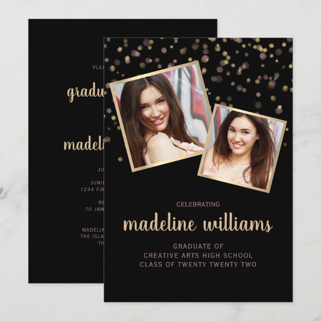 Black Gold Blush Pink Confetti Photo Graduation Invitation (Front/Back)