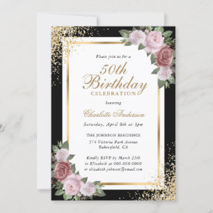 Black Gold Blush Pink Floral 50th Birthday Invitation