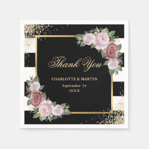 Black Gold Blush Pink Floral Thank You Wedding Napkin