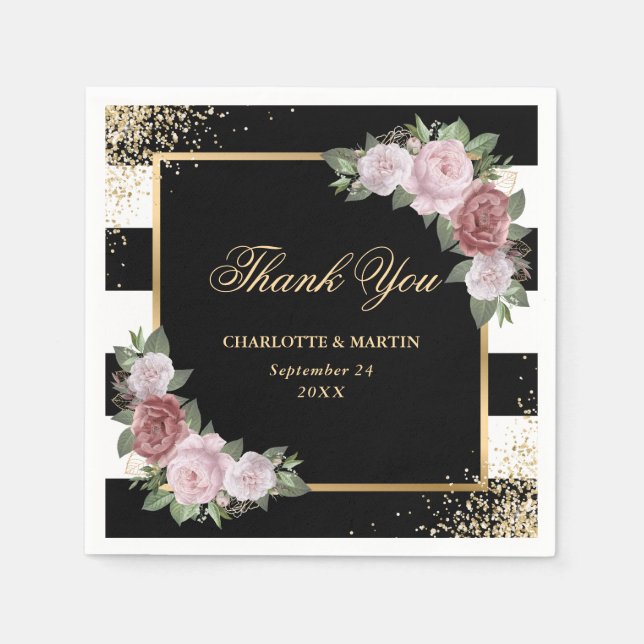 Black Gold Blush Pink Floral Thank You Wedding Napkin (Front)