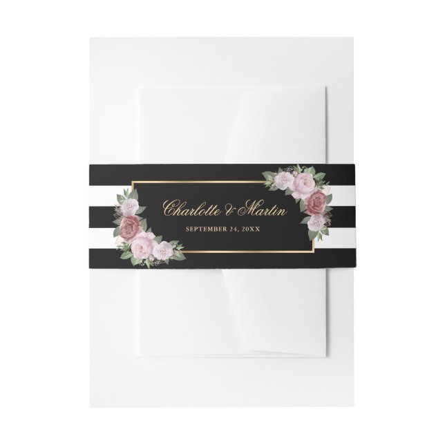 Black Gold Blush Pink Floral Wedding Invitation Belly Band (Front Example)