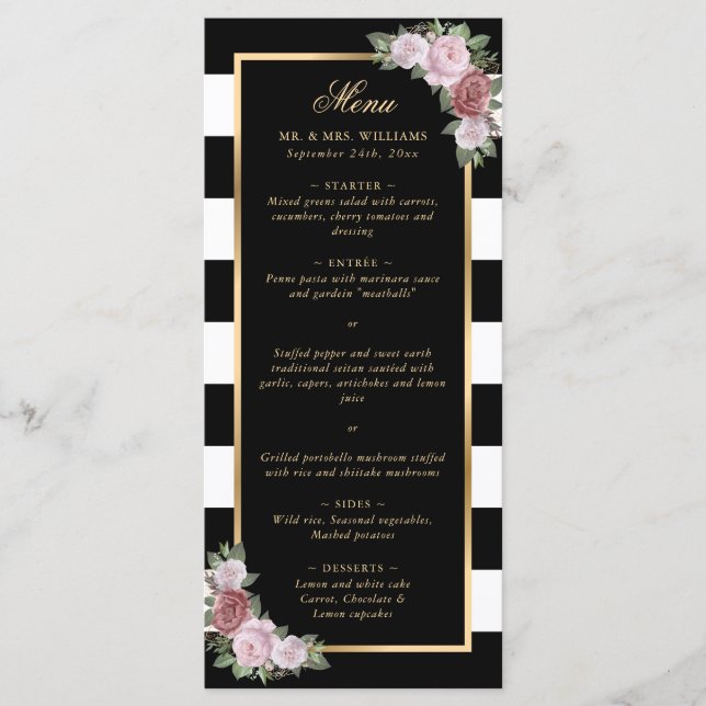 Black Gold Blush Pink Floral Wedding Menu (Front)