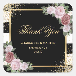 Black Gold Blush Pink Floral Wedding Square Sticker