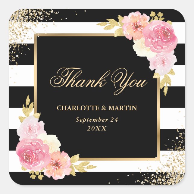 Black Gold Blush Pink Floral Wedding Thank You Square Sticker (Front)