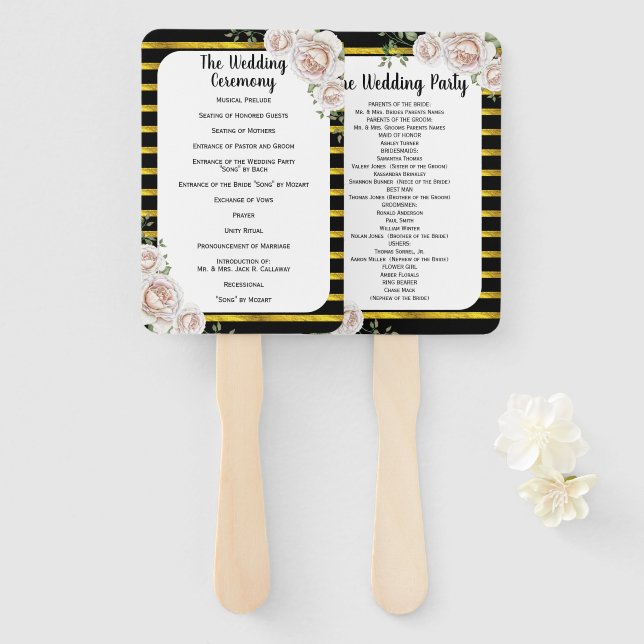 Black Gold Blush Pink Roses Wedding Program Fan (Front and Back)