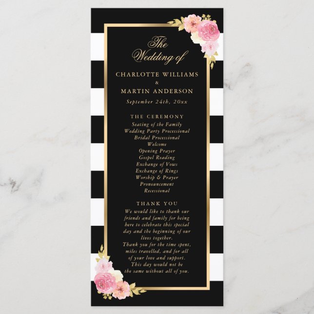 Black Gold Blush Pink Watercolor Floral Wedding Programme (Front)