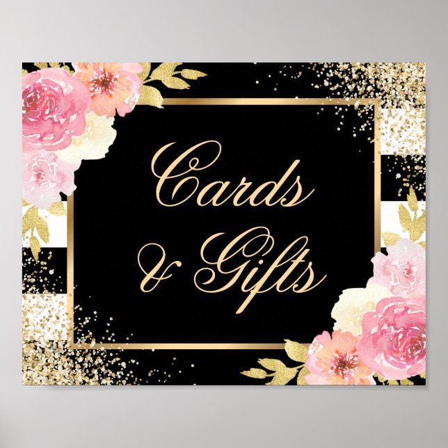 Black Gold Blush Pink Wedding Cards and Gifts Sign (Front)