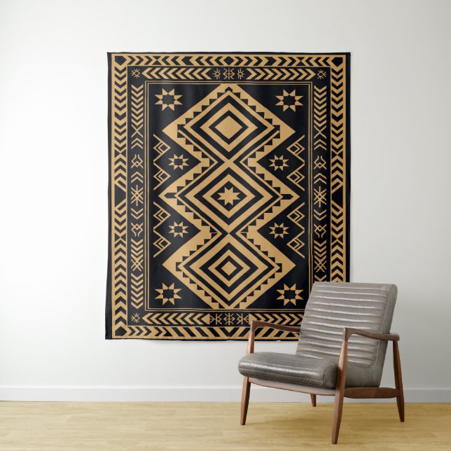 Black Gold Boho Abstract Surface Pattern Tapestry (In Situ)