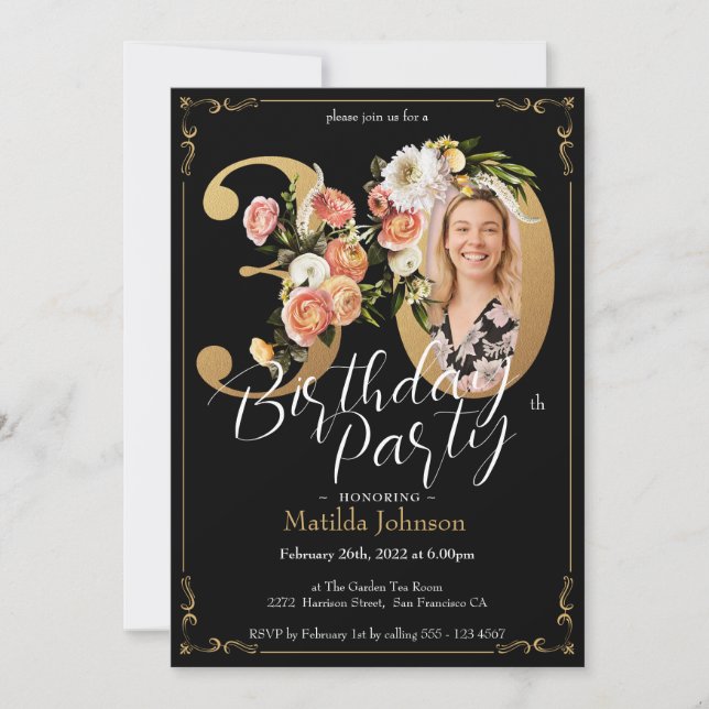 Black Gold Boho Floral 30th Birthday  Invitation (Front)
