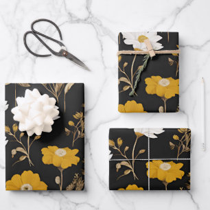 Black Gold Boho Wildflower Garden Wrapping Paper Sheet