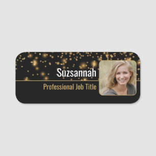 Black & Gold Bokeh Custom Photo on Right Name Tag