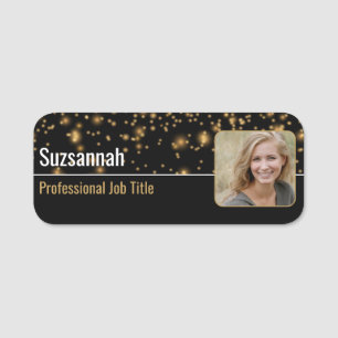 Black & Gold Bokeh Custom Photo on Right Name Tag