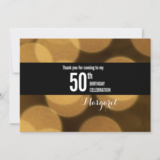 Black gold Bokeh lights 50th birthday thank you Invitation (Front)