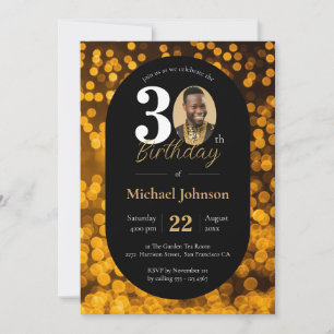Black Gold Bokeh Photo 30th Birthday Invitation