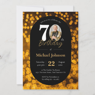 Black Gold Bokeh Photo 70th Birthday Invitation