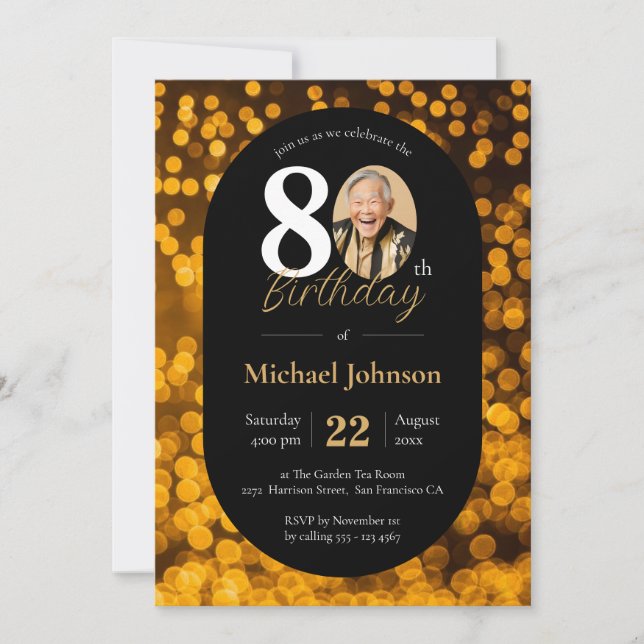 Black Gold Bokeh Photo 80th Birthday Invitation (Front)