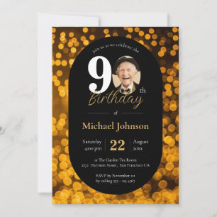 Black Gold Bokeh Photo 90th Birthday Invitation