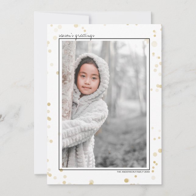 Black & Gold Bokeh Stars Season's Greetings Photo Holiday Card (Front)