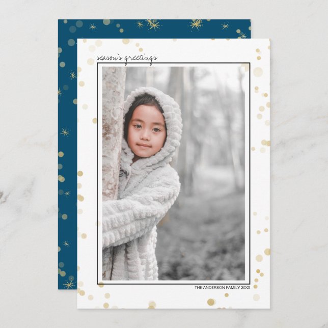 Black & Gold Bokeh Stars Season's Greetings Photo Holiday Card (Front/Back)