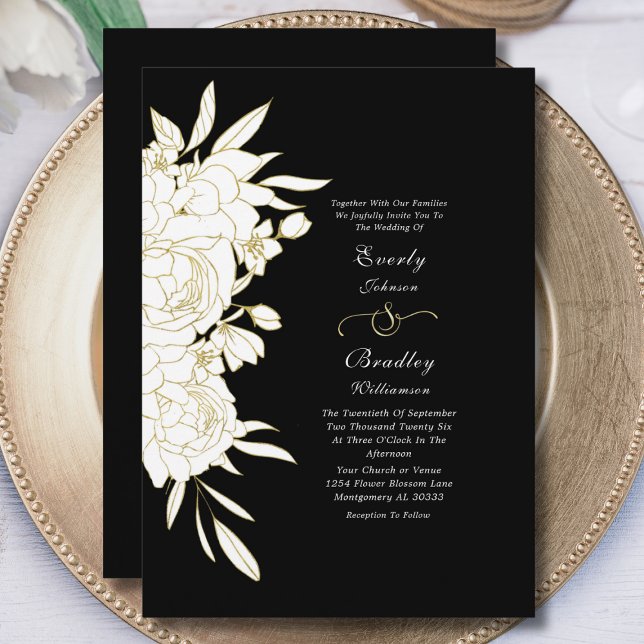Black Gold Bold Floral Elegant Timeless Wedding Invitation (Creator Uploaded)