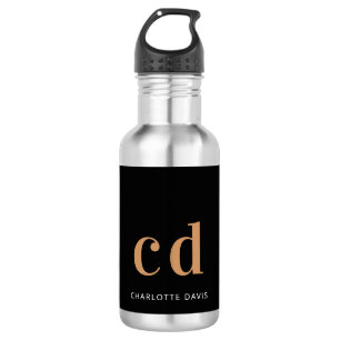 Black gold bold monogram initials name 532 ml water bottle