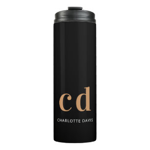 Black gold bold monogram name modern thermal tumbler