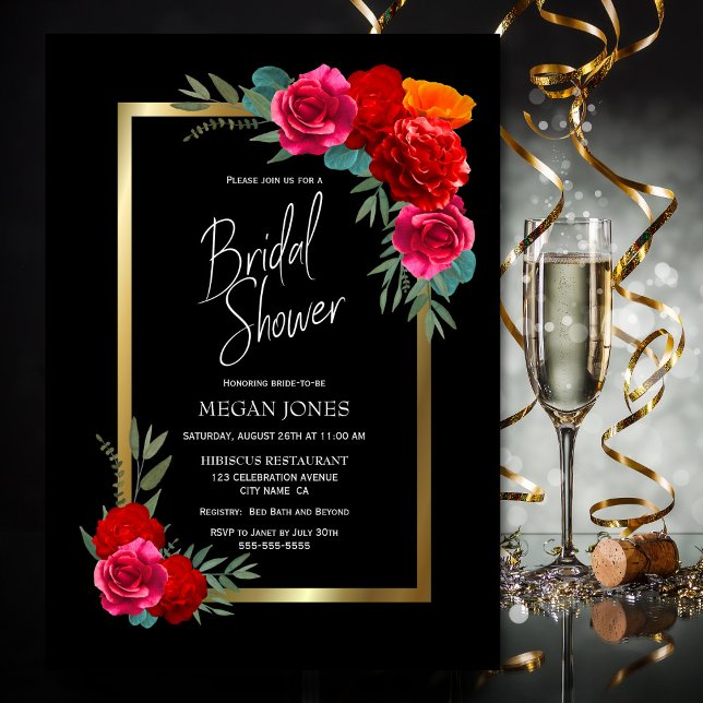 Black Gold Border Burgundy Floral Bridal Shower Invitation (Creator Uploaded)